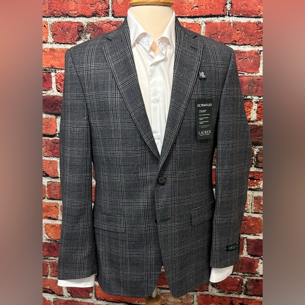 LAUREN RALPH LAUREN MENS BLAZER SIZE 38 GREY BLUE PLAID LEXINGTON FLEX JACKET - Picture 3 of 13